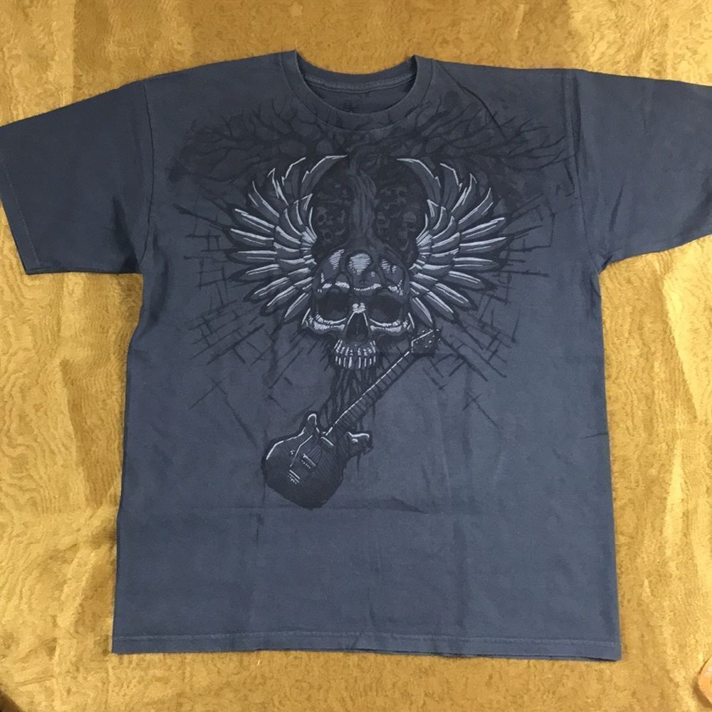 VINTAGE 80s,MUSIC IS MY NATURE SKULL WING MENS GUITAR SHIRT